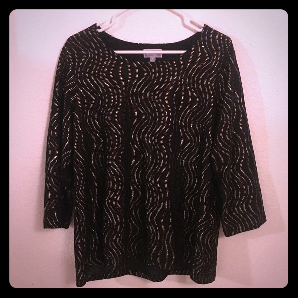 JM Collection Black Gold Metallic Animal Print Top 1X 3/4 Sleeve Stretch Blouse - Picture 2 of 5